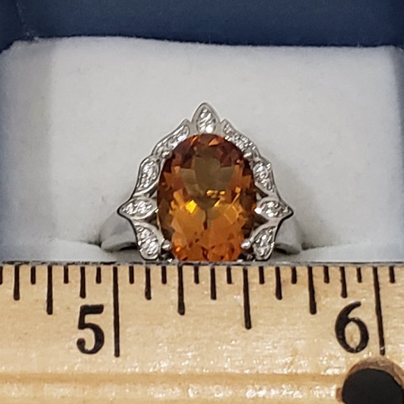 Natural Gaucha Citrine & White Zircon fancy halo ring in Plat/925 Sterling sz 8 - Picture 2 of 6